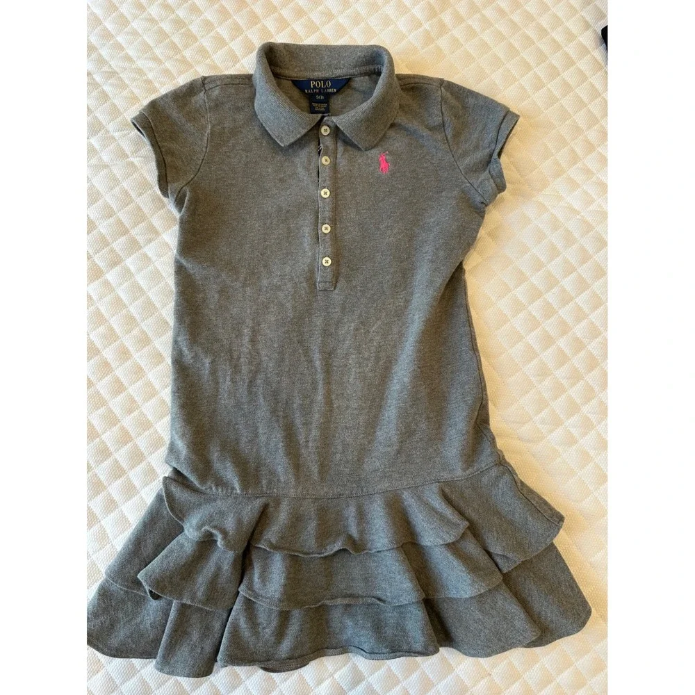 Polo Ralph Lauren Girls Gray Ruffle Hem Polo Dress Pink Pony Size S 7